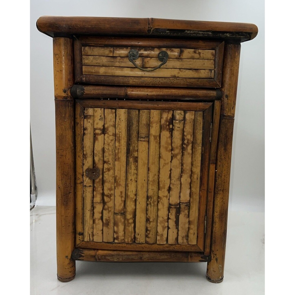 VTG Bamboo Side Table Tortoise Shell Wood Wicker Cabinet Drawer Stand 21"